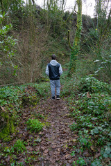 Fototapeta premium Rear view of a young man walking in forest during winter