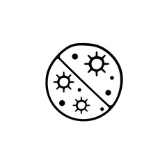 A vector icon representing a virus, featuring a simplified visual depiction of a spherical shape with spikes or irregular forms. Vector black line icon on a white background