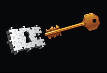 Vector key on black background with puzzle