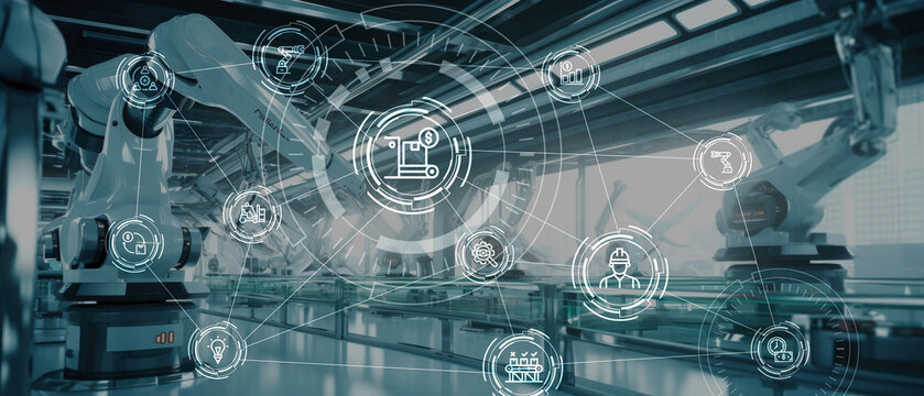 Industry 4.0 concept .Industry graphic sign and blue tone of automate wireless Robot arm in smart factory background. Industry 4.0 concept.