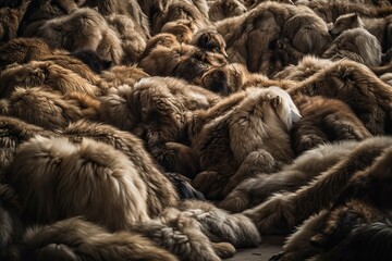 a pile of animal skins for further processing into fur coats. animal protection concept. Generative AI