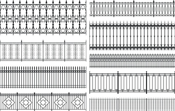 Set of editable vector fences and railings