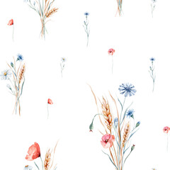 Watercolor wildflowers seamless pattern with poppy, cornflower chamomile, rye and wheat spikelets background