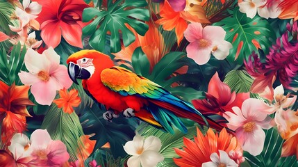 Tropical pattern with parrots and flowers in bright color Wallpaper Design