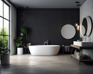 Luxury indoor apartment decoration. Modern bathroom interior. Generative AI.