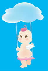 vector illustration for a baby angel is playing on the swings