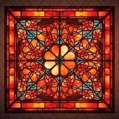 Red and orange backlit mosaic glass style Arabian window pattern, generative AI