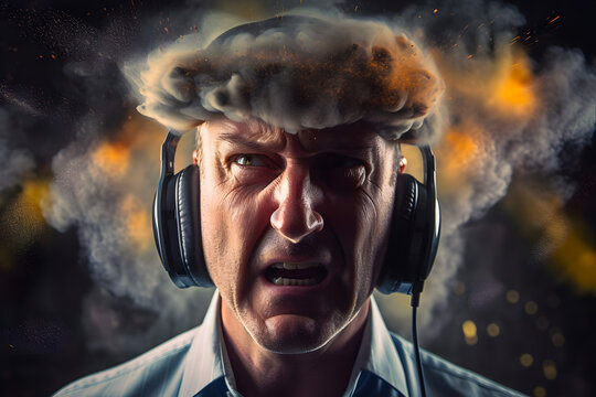 Man into headphones tie exploding head. The concept of mental overload, busyness, stress at work, brain drain. Generative AI.