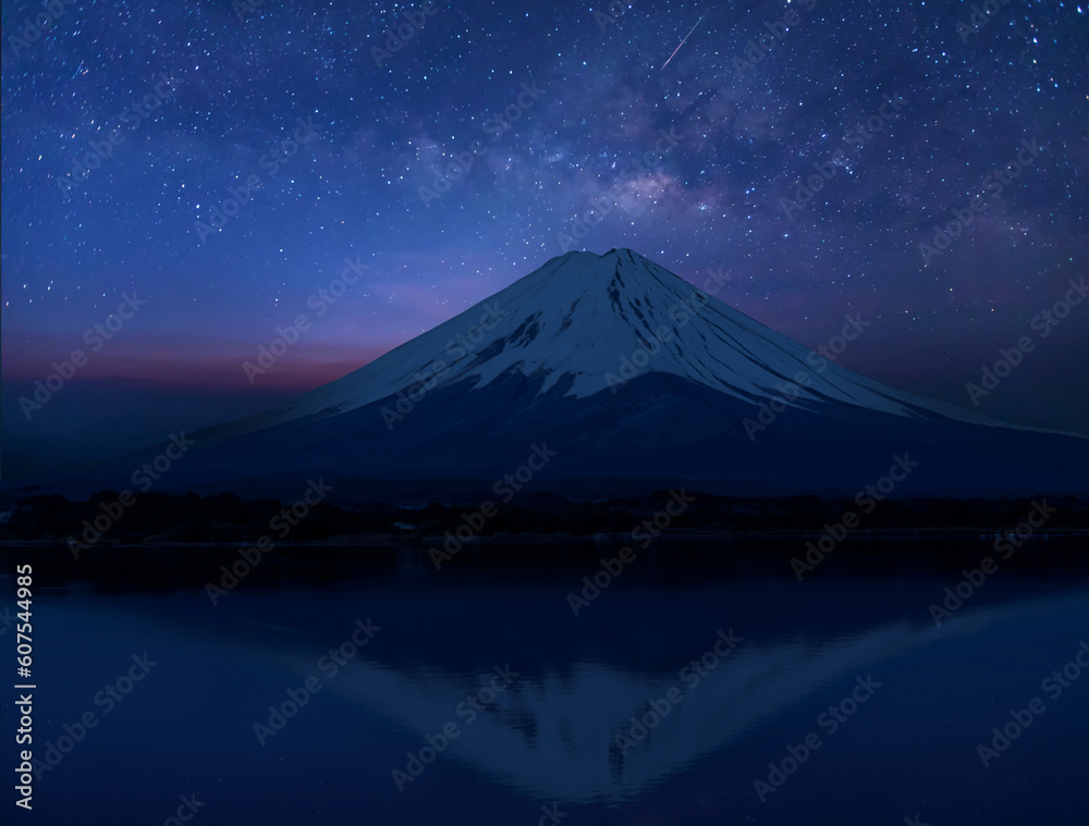 Wall mural japan icon mt fuji at night and universe space and milky way galaxy with stars on night sky backgrou