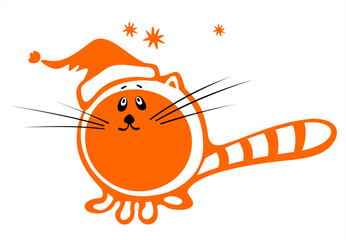 Stylized cat with christmas cap on  a white background. Digital illustration.