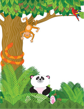 A border with zoo animals - panda,snake,orangutan,and parrot