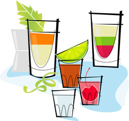 Retro-stylized cocktail spot illustration: shots and shooters.