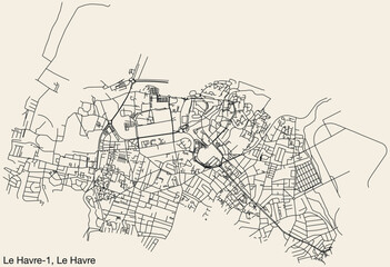 Detailed hand-drawn navigational urban street roads map of the LE HAVRE-1 CANTON of the French city of LE HAVRE, France with vivid road lines and name tag on solid background
