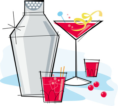 Retro-stylized Cocktail Spot Illustration: Cosmopolitan With A Lemon Twist