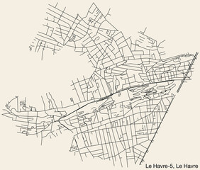 Fototapeta na wymiar Detailed hand-drawn navigational urban street roads map of the LE HAVRE-5 CANTON of the French city of LE HAVRE, France with vivid road lines and name tag on solid background