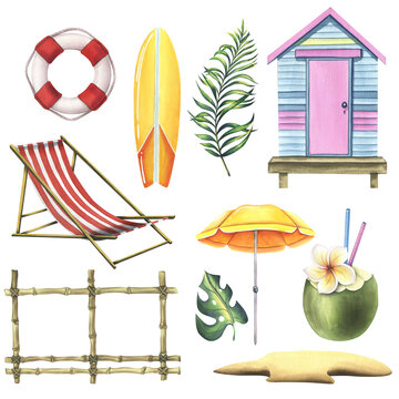 Set of pictures with beach cabin, surfboard, summer vacation and vacation accessories, palm trees, sunscreen. Watercolor illustration, hand drawn. Isolated objects on a white background.
