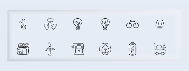 Set of vector icons representing ecological energy. Renewable energy, sustainability, green power, solar energy. Vector black set icon on a white background