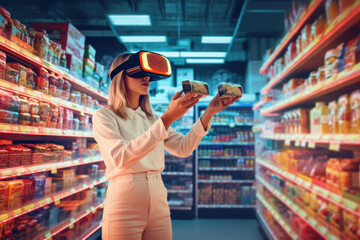 Woman wearing virtual reality headset choosing products in grocery store. Online shopping and e-commerce concept. Created with Generative AI