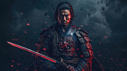 Male asian warrior portrait. Samurai in traditional armor. Created with Generative AI