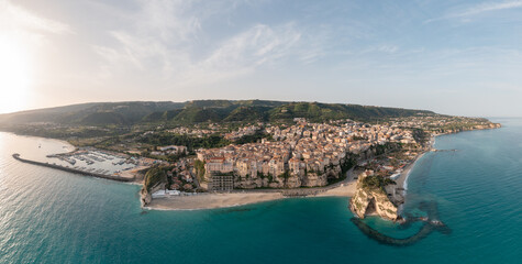 Aerial panoramic view of Tropea, Calabria, Italy with the old town, harbor, and beach. Ultra...