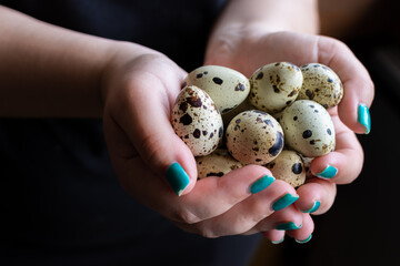 Girl holding quail eggs in her palms, black background