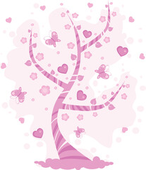 Fototapeta premium Spring tree with butterfly and pink hearts
