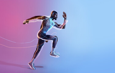 Fototapeta na wymiar Determined young black sportsman running race in neon lighting with glowing body silhouette, empty space
