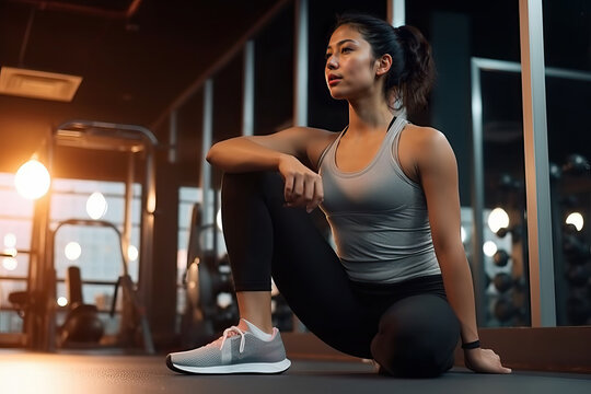 A woman sitting on the ground in a gym created with Generative AI technology