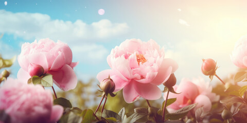 Obraz premium Pink peonies in garden. Blooming pink peonies. Peony background. Beautiful pink peony flowers on a background of blue sky. Generative ai illustration