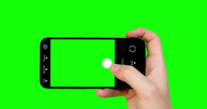 A set with a hand holding a smartphone and taking a photo - a template of a photo-taking application. It includes various animation options - entering from the right, left, the bottom, and static.