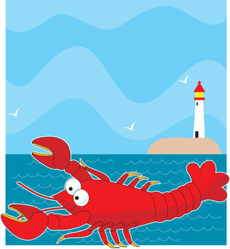 A large red cartoon style lobster. The background is the ocean with a light house on the horizon.