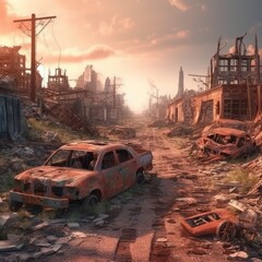 This is a ruined city with destroyed buildings and burnt-out vehicles. (Illustration, Generative AI)