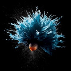 Exploding blue water balloon on black background 
