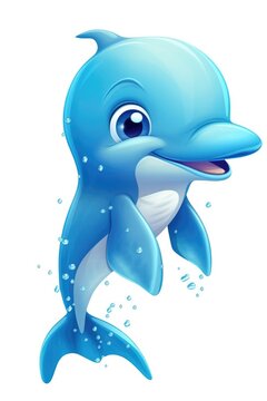 Cute baby Dolphin in Cartoon Style on white background - generative AI