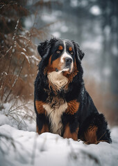 Beautiful Bernese Mountain Dog breed enjoying a snowy winter landscape, generative ai 