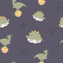 Space, cosmic seamless pattern with funny dinosaurs and hand drawn elements. Explore the universe concept