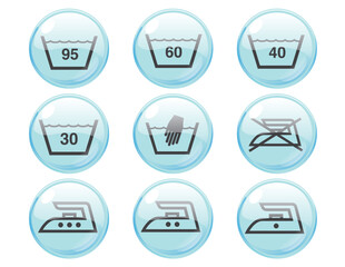 Nine different glossy wash symbols for instructions, buttons, banners, cloths, catalogs
