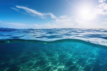 Blue sea ocean water surface and underwater with sunny and cloudy sky, seascape summer background wallpaper, generative ai 