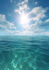 Obraz premium Blue sea ocean water surface and underwater with sunny and cloudy sky, seascape summer background wallpaper, generative ai 