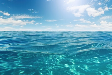 Fototapeta premium Blue sea ocean water surface and underwater with sunny and cloudy sky, seascape summer background wallpaper, generative ai 