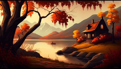 illustration of an autumn landscape with a yellow forest and a lonely house, autumn background ai generative