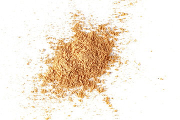 Ginger powder isolated on white, top view