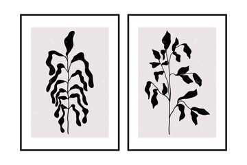 Botanical posters. Abstract flower branches contemporary boho art prints, minimal modern wall decor. Vector leaf set