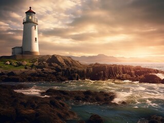 red and white lighthouse close to the sea during sunset, generative ai
