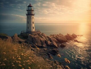 red and white lighthouse close to the sea during sunset, generative ai
