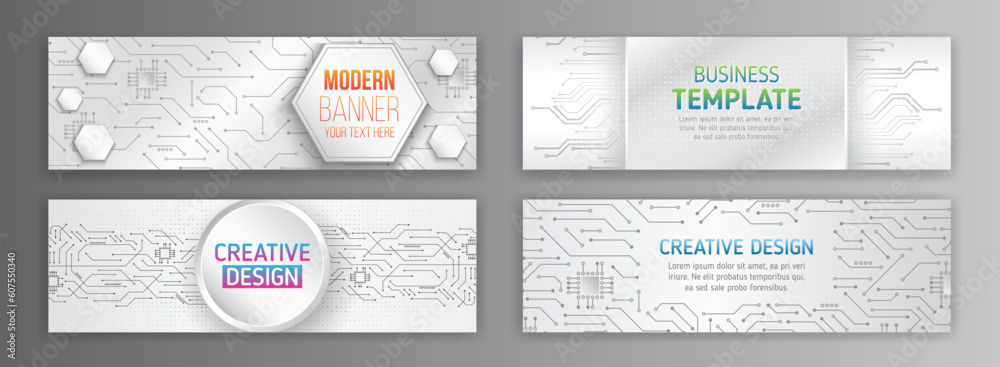 Aufkleber Set banner templates for websites. Abstract social media cover design. Horizontal header web background. High tech design with technological elements. Science and digital technology concept.