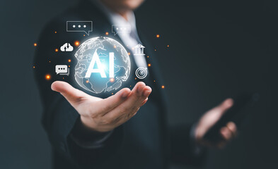 Chatbot with AI, Artificial Intelligence Concept. Business man using AI technology, artificial intelligence assistant on smartphone for iot, information analysis, Futuristic technology transformation.