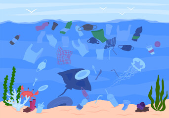 Cartoon Color Garbage in Sea Scene Concept Flat Design Style. Vector illustration of Plastic Ocean Pollution