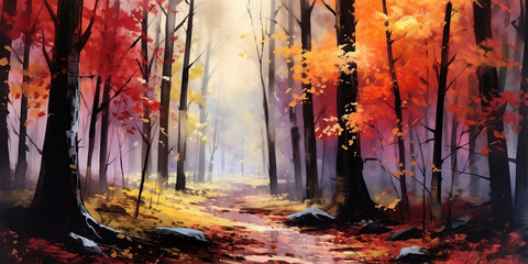 aquarelle illustration of golden autumn in the forest, ai generated