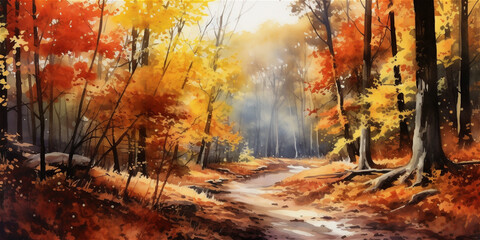 aquarelle illustration of golden autumn in the forest, ai generated
